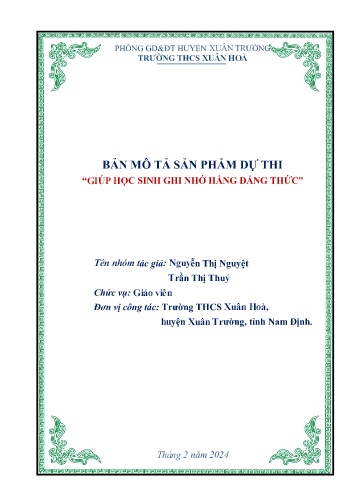 Bản mô tả sản phẩm dự thi Giúp học sinh ghi nhớ hằng đẳng thức
