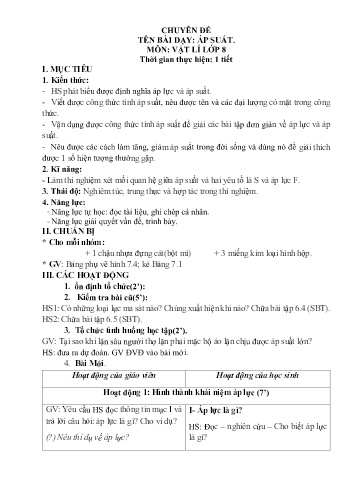 Kế hoạch bài dạy Khoa học tự nhiên Lớp 8 Sách Kết nối tri thức - Áp suât - Trường THCS Xuân Thượng