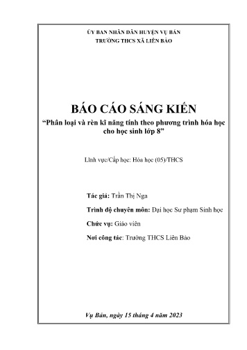 Sáng kiến kinh nghiệm Phân loại và rèn kĩ năng tính theo phương trình hóa học cho học sinh Lớp 8